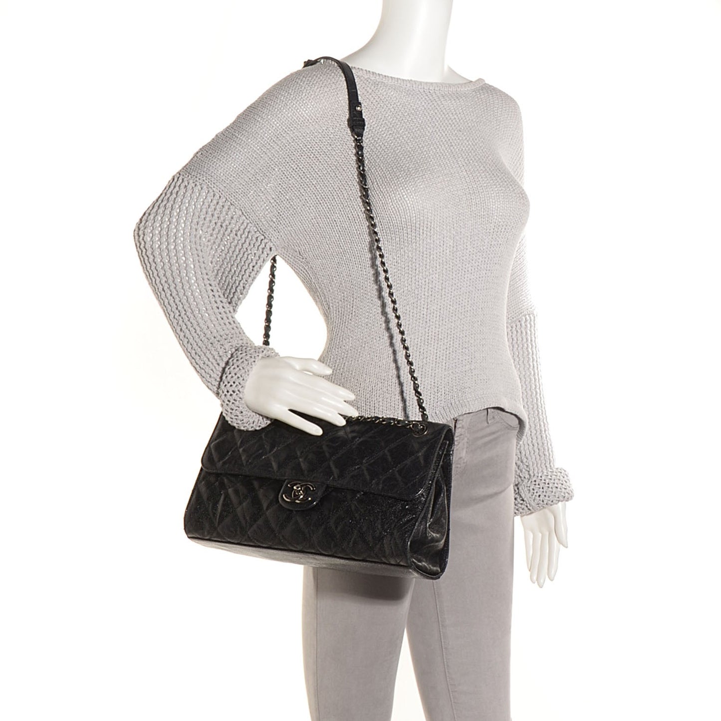Crumpled Grained Calfskin CC Crave Jumbo Flap Black
