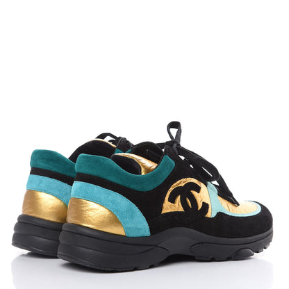 Chanel Fabric Calfskin Suede CC Womens Sneakers 38.5 Black Turquoise Gold 4 of 8