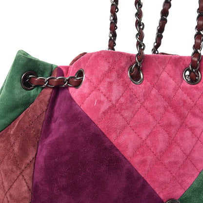 Chanel Suede Quilted Patchwork Drawstring Bag Green Pink Purple Burgundy 13 of 17