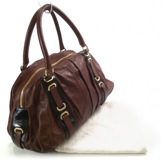 Leather Striping Bowler Tote Bag Chestnut
