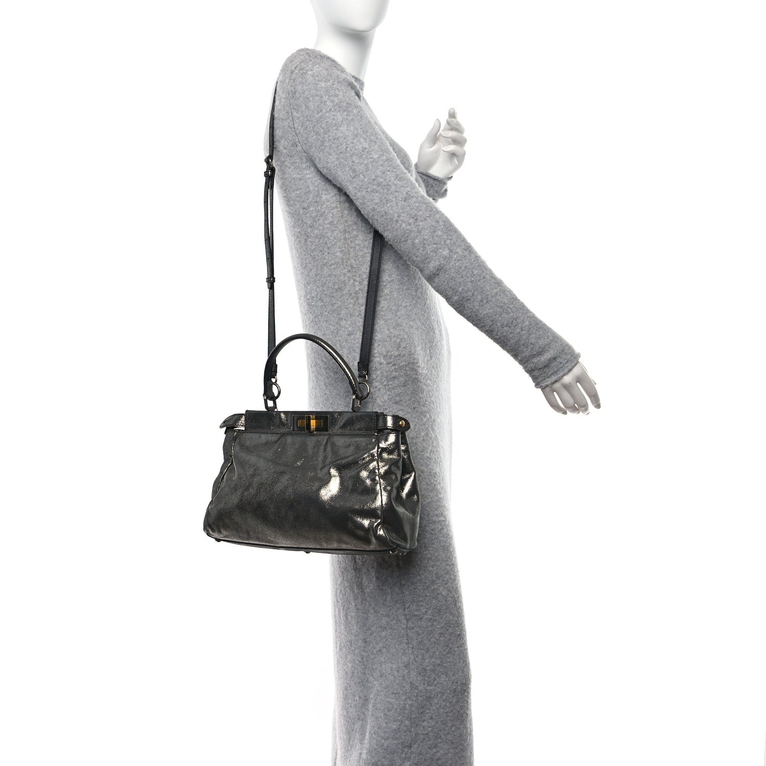 Fendi Metallic Fan Vitello Medium Peekaboo Iconic Satchel Silver 4 of 11