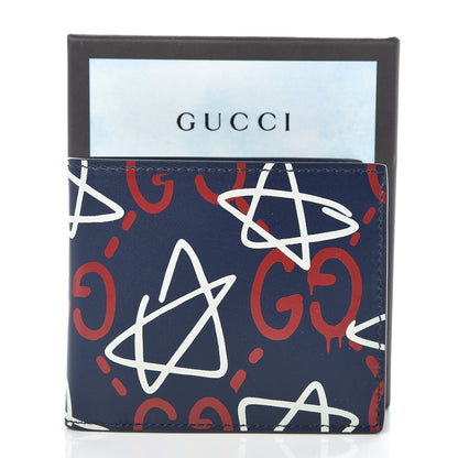 Gucci Calfskin GucciGhost Print Bi-Fold Wallet Blue Agata Hibiscus Red 8 of 8