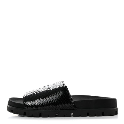 Prada Paillettes Sequin Logo Slide Sandals 39 Black 1 of 9