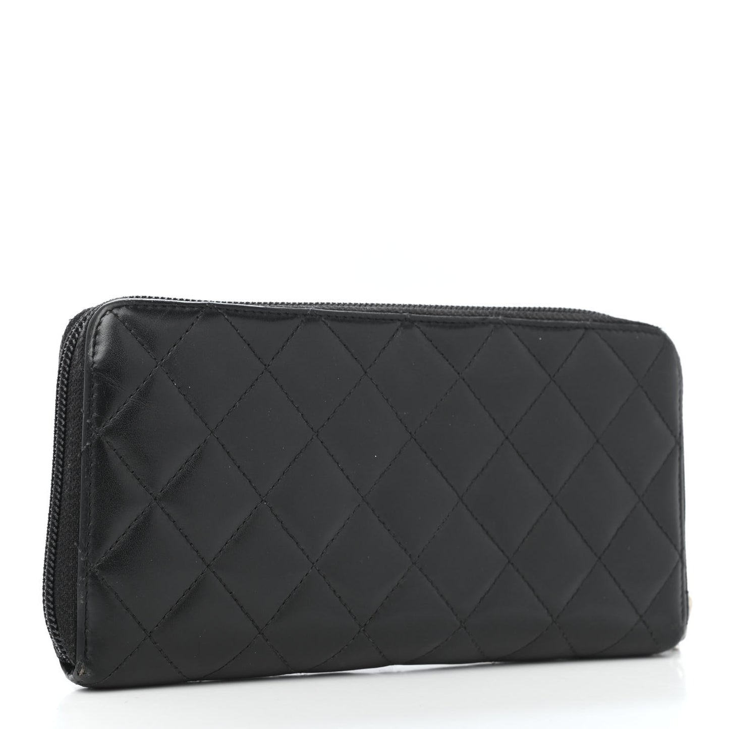 Calfskin Quilted Cambon Large Gusset Zip Around Wallet Black