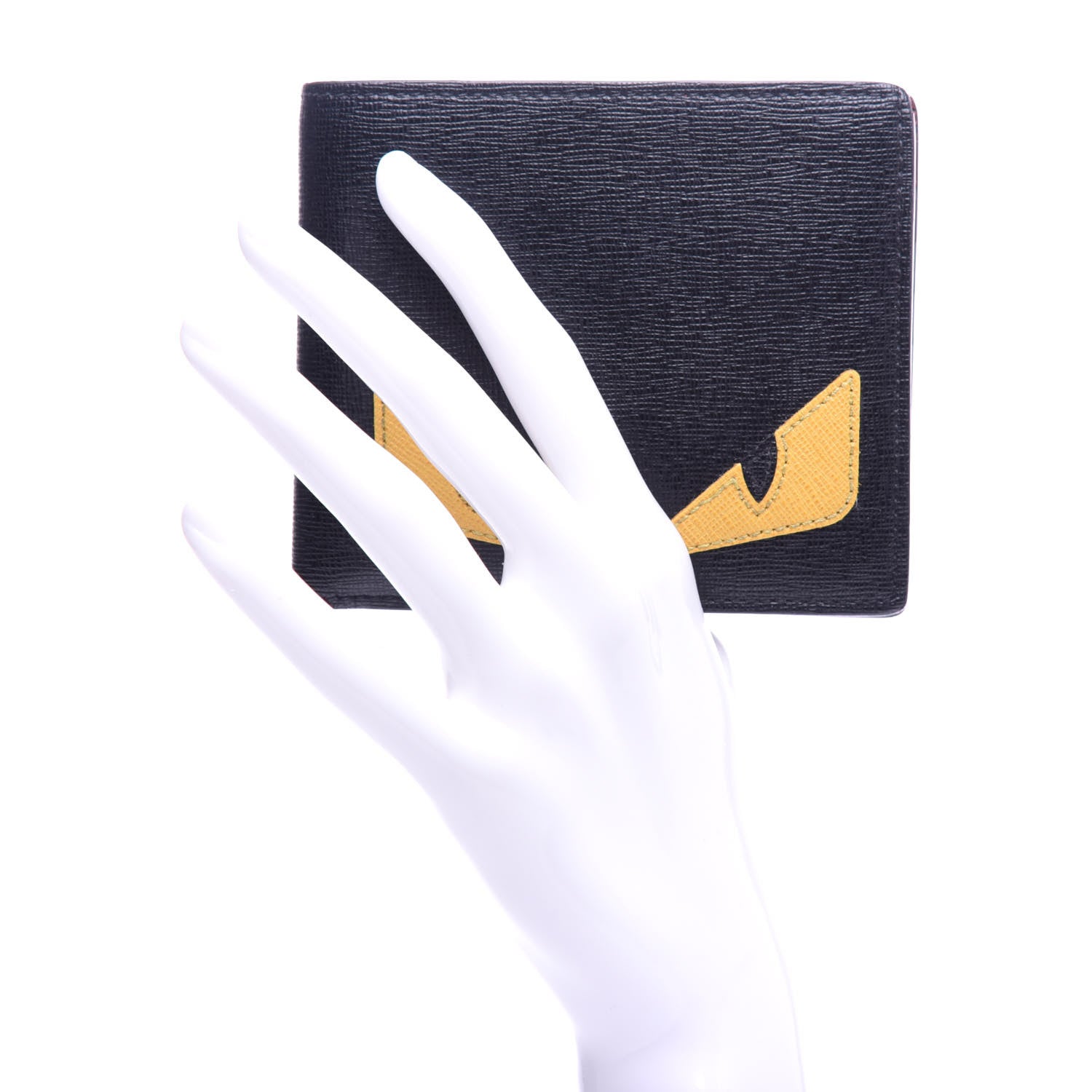 Fendi Vitello Elite Monster Eyes Inlay Bi-Fold Wallet Black Giallo Rosso 2 of 9