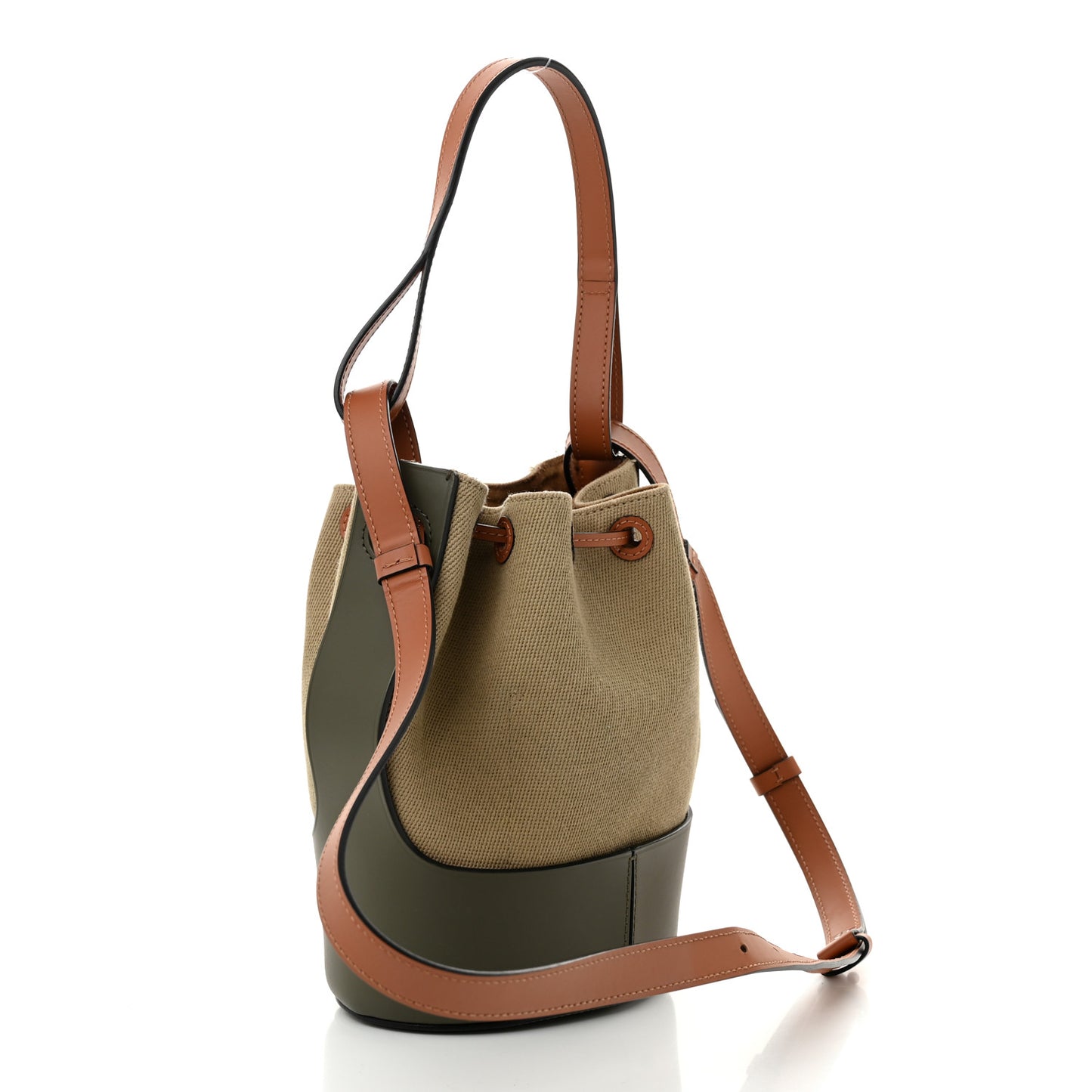 Canvas Calfskin Balloon Bucket Bag Khaki Tan