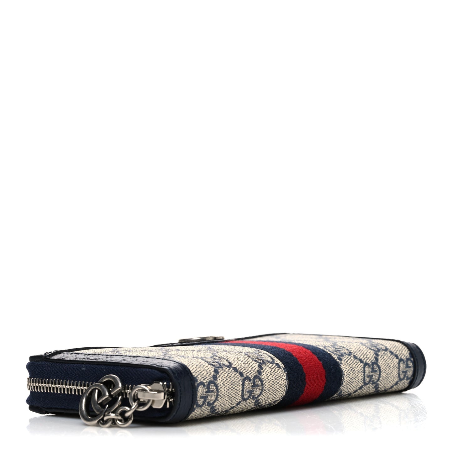 GG Supreme Monogram Textured Dollar Calfskin Web Ophidia Zip Around Wallet Beige Blue