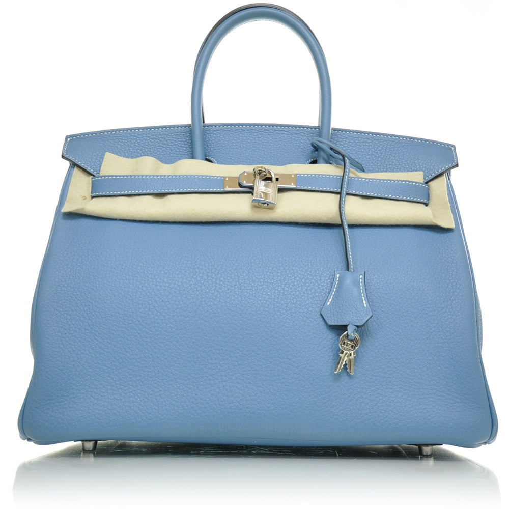Clemence Leather BIRKIN 35 Blue Jean Tote Bag