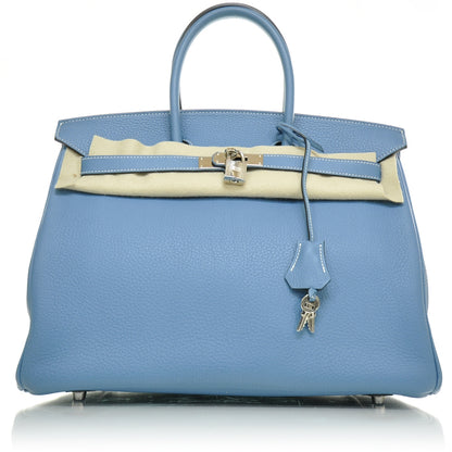 Hermes Clemence Leather BIRKIN 35 Blue Jean Tote Bag 1 of 9