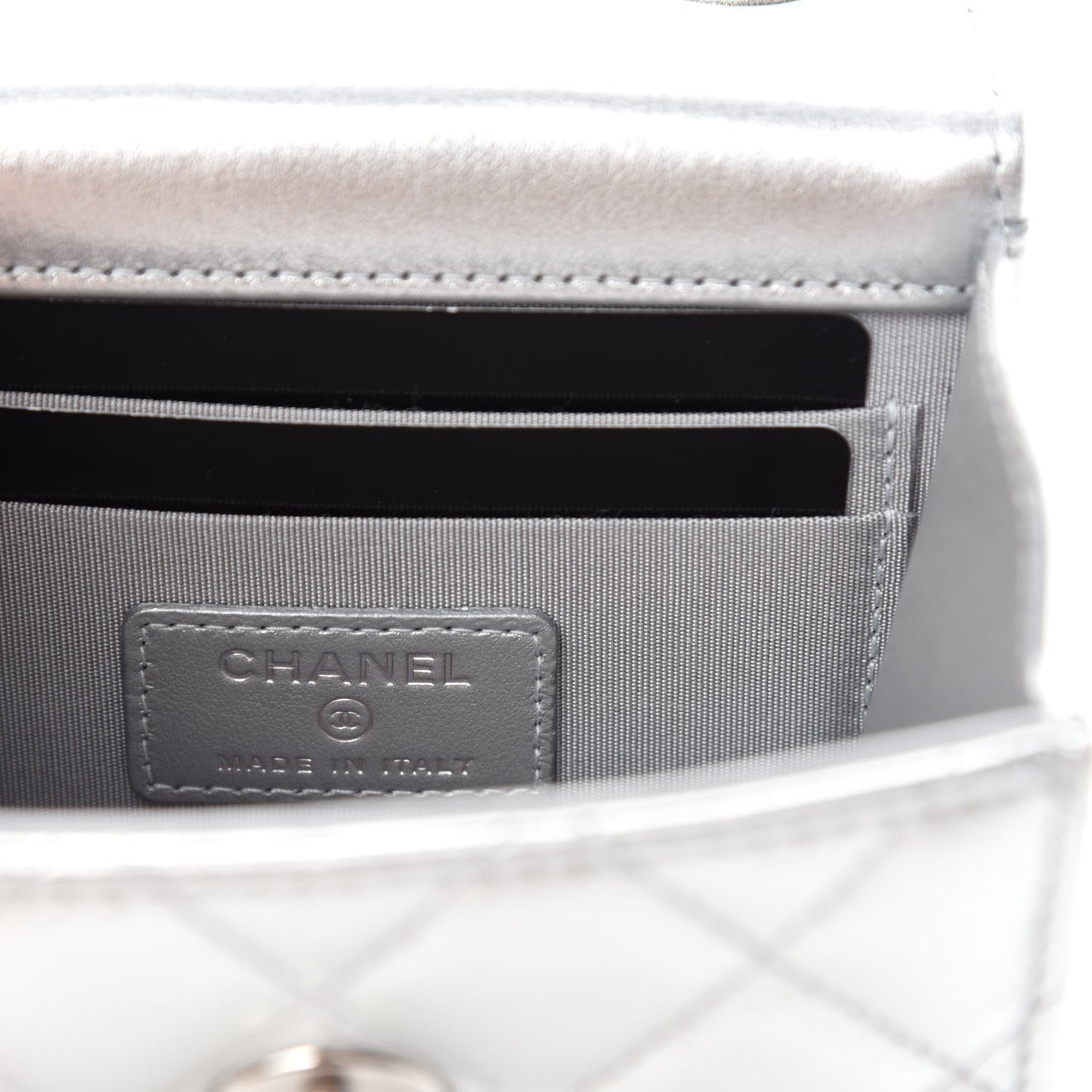 Metallic Lambskin Quilted Mini Trendy CC Chain Wallet Silver