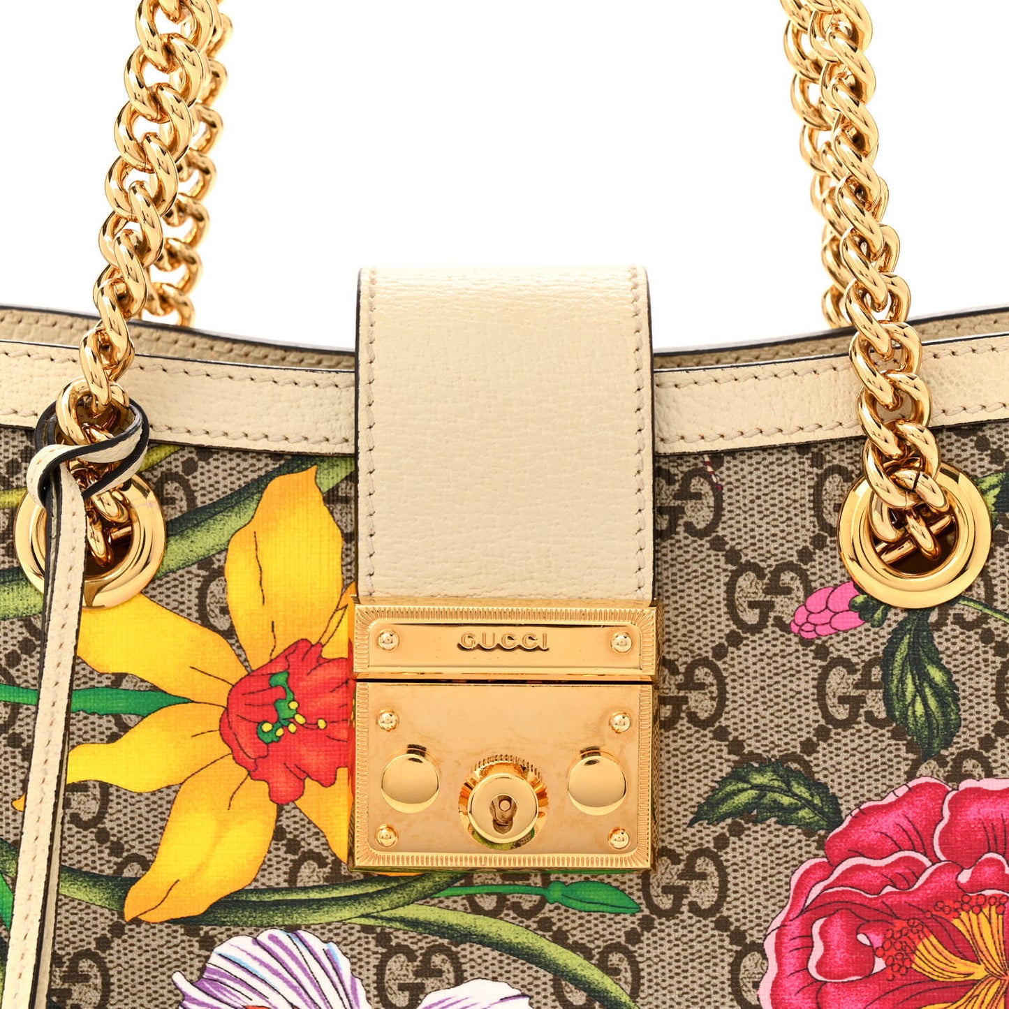 GG Supreme Monogram Flora Textured Calfskin Small Padlock Tote Beige Ebony Multicolor Mystic White