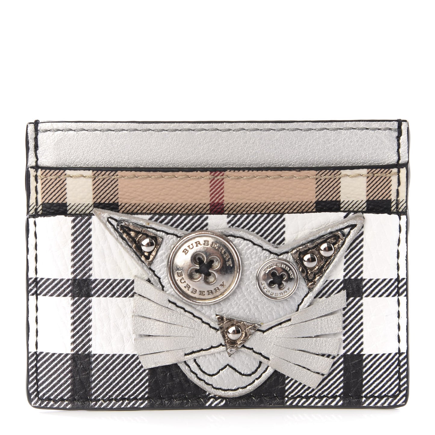 Calfskin Haymarket Check Cat Applique Card Case Black White