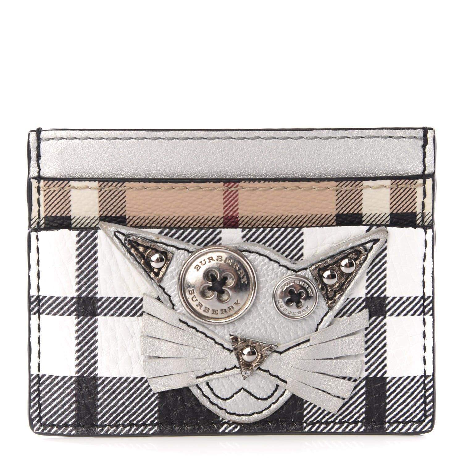 Burberry Calfskin Haymarket Check Cat Applique Card Case Black White 1 of 5
