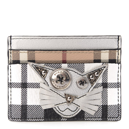 Burberry Calfskin Haymarket Check Cat Applique Card Case Black White 1 of 5