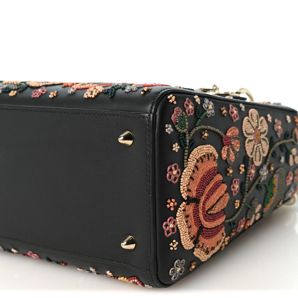 Smooth Calfskin Embroidered Beaded Floral Medium Lady Dior Black Multicolor