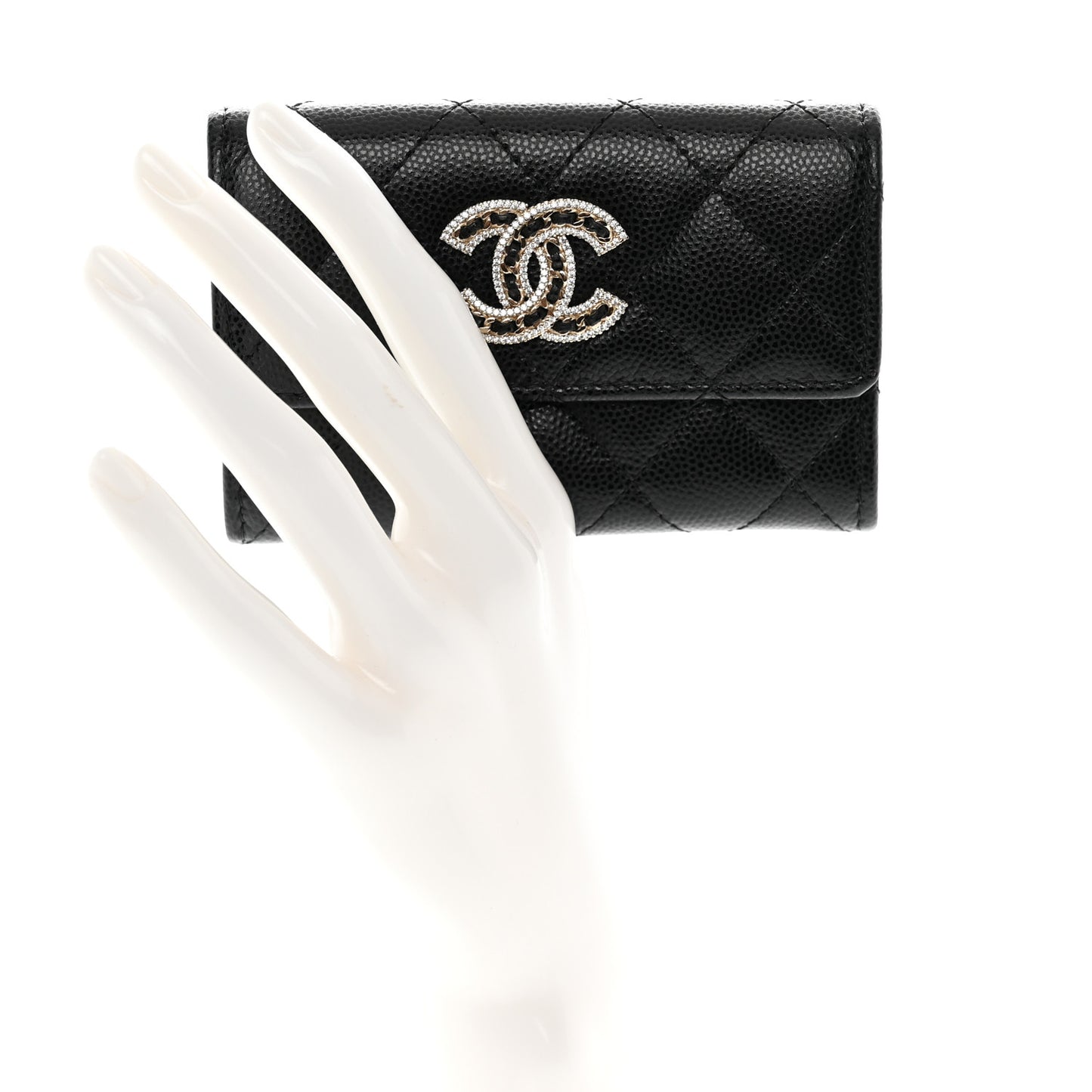Caviar Quilted Crystal CC Flap Card Holder Black
