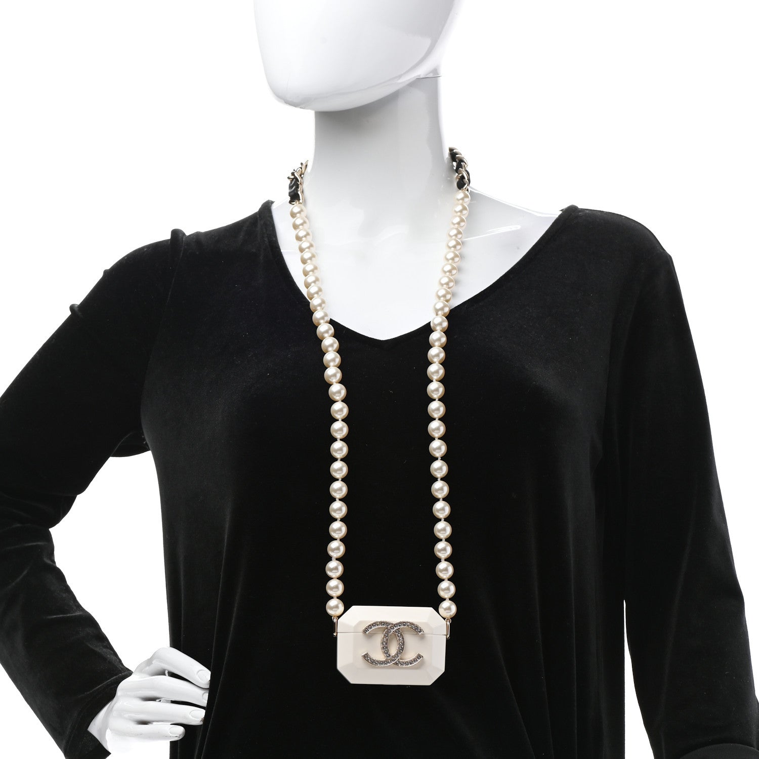 Chanel Resin Crystal Pearl Airpod Pro Case Necklace Gold White Pearly Black 2 of 5