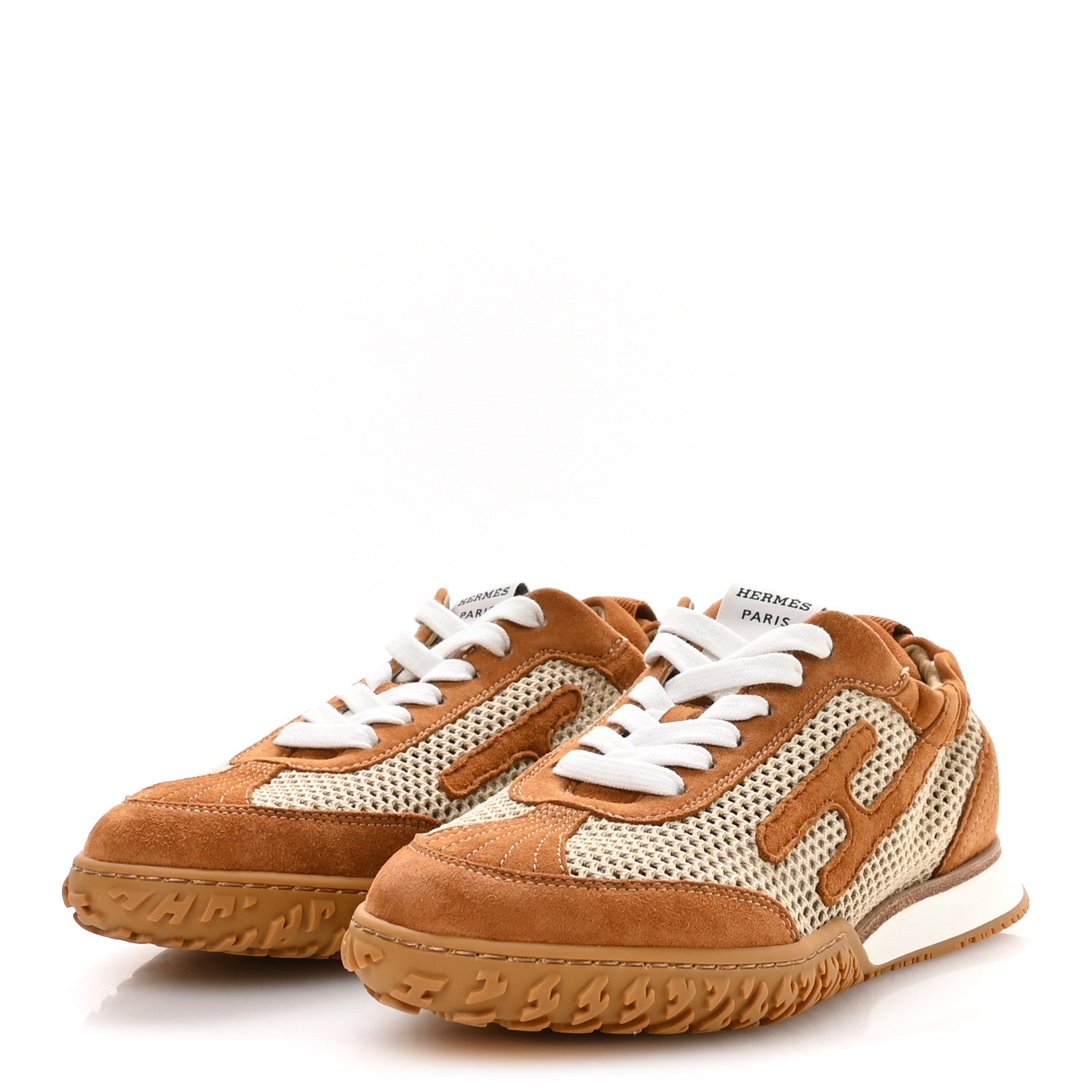 Hermes Crochet Knit Suede Goatskin Jet Sneakers 37 Beige Lin