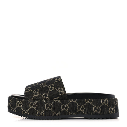 Gucci Jacquard Black Denim GG Monogram Angelina Platform 55mm Slide Sandals 40 Black Ivory 1 of 9