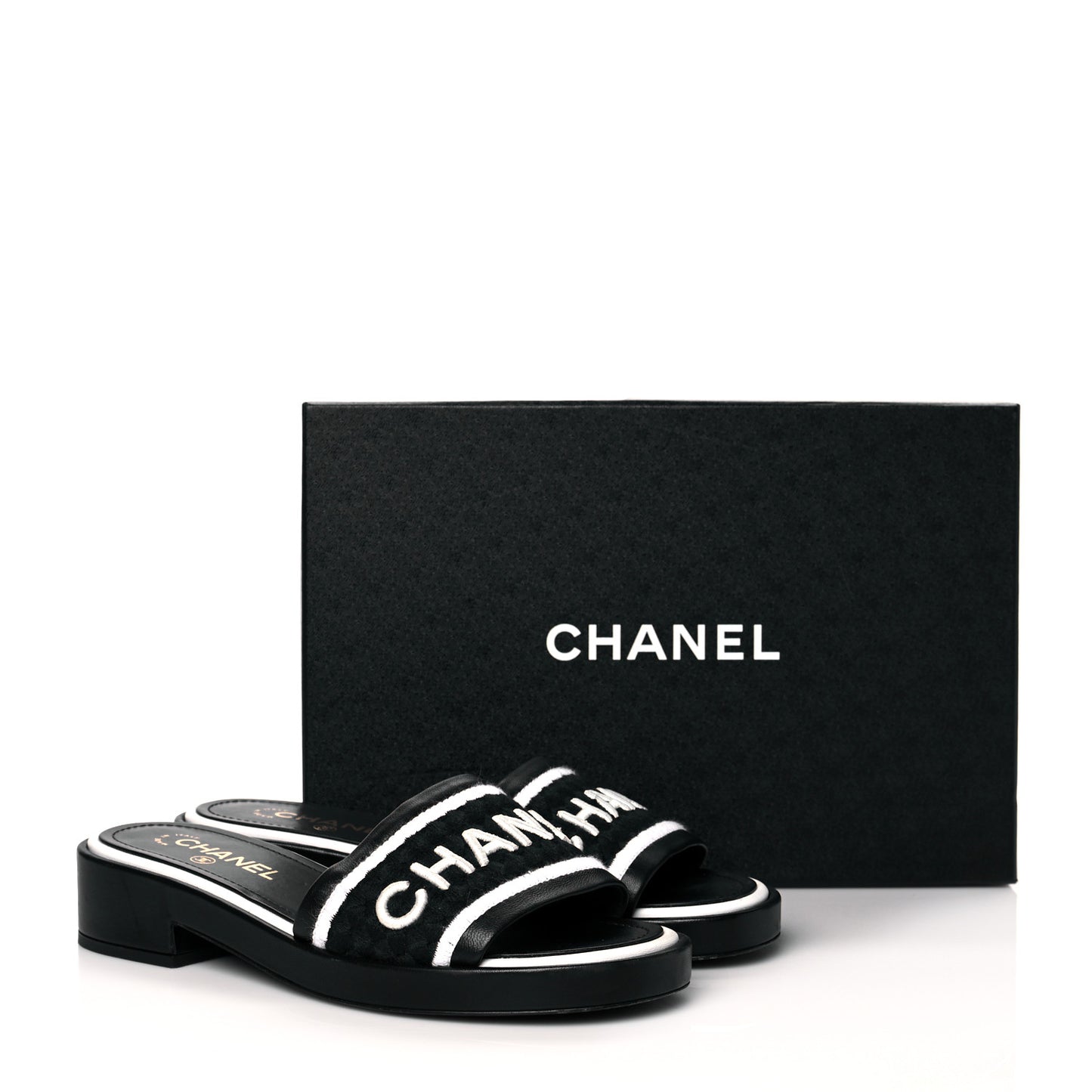 Lambskin Embroidered CC Mule Sandal 39 Black White