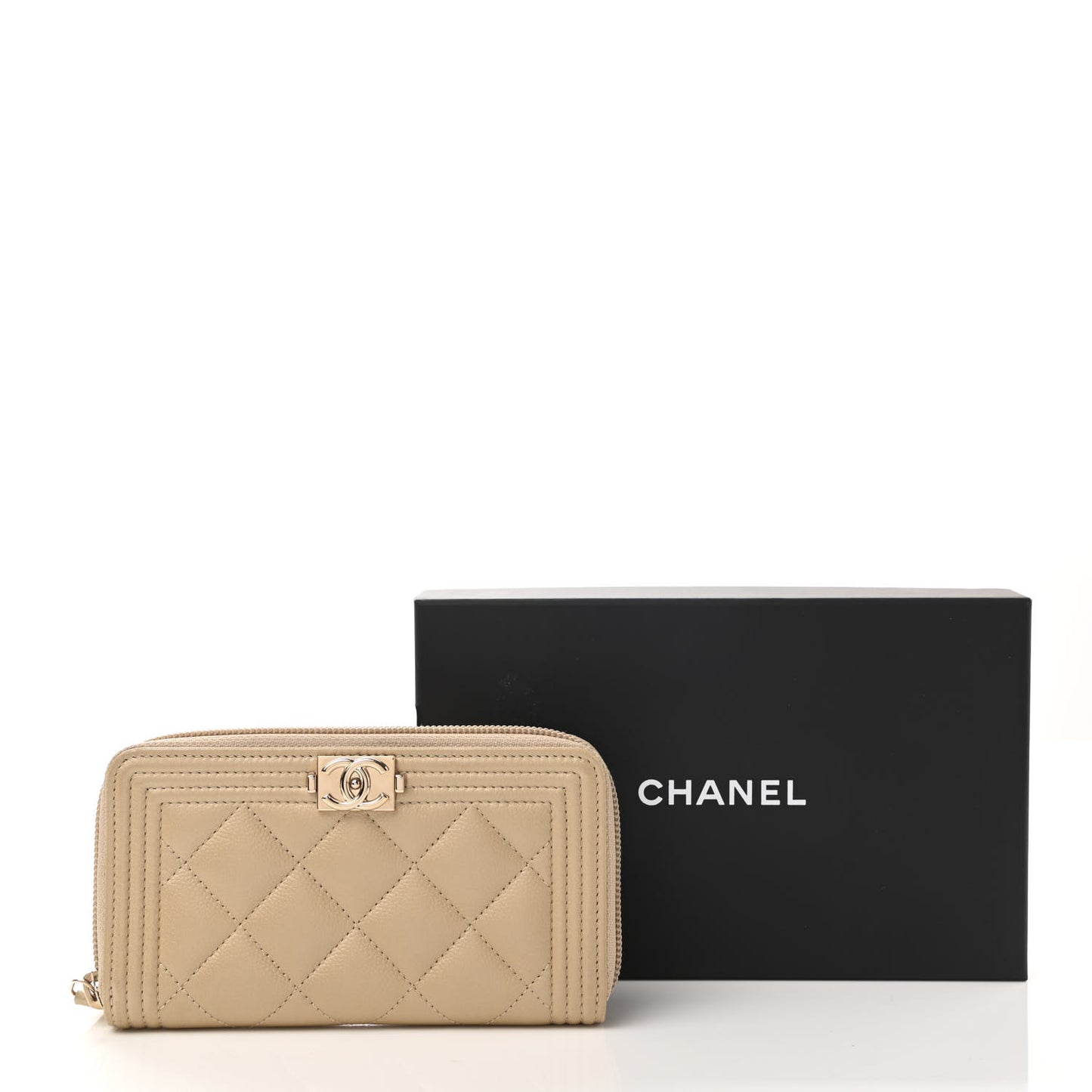 Metallic Caviar Quilted Small Boy Zip Around Wallet Light Gold