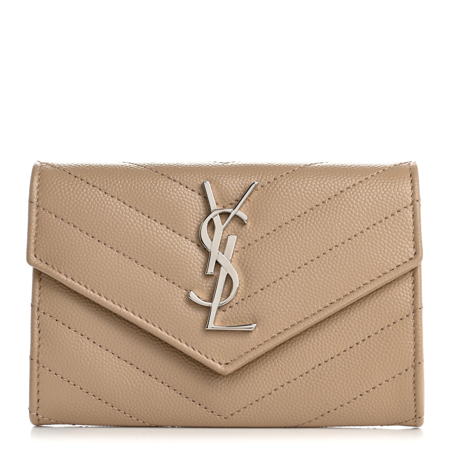 Saint Laurent Grain De Poudre Matelasse Chevron Small Monogram Envelope Wallet Dark Beige 1 of 8