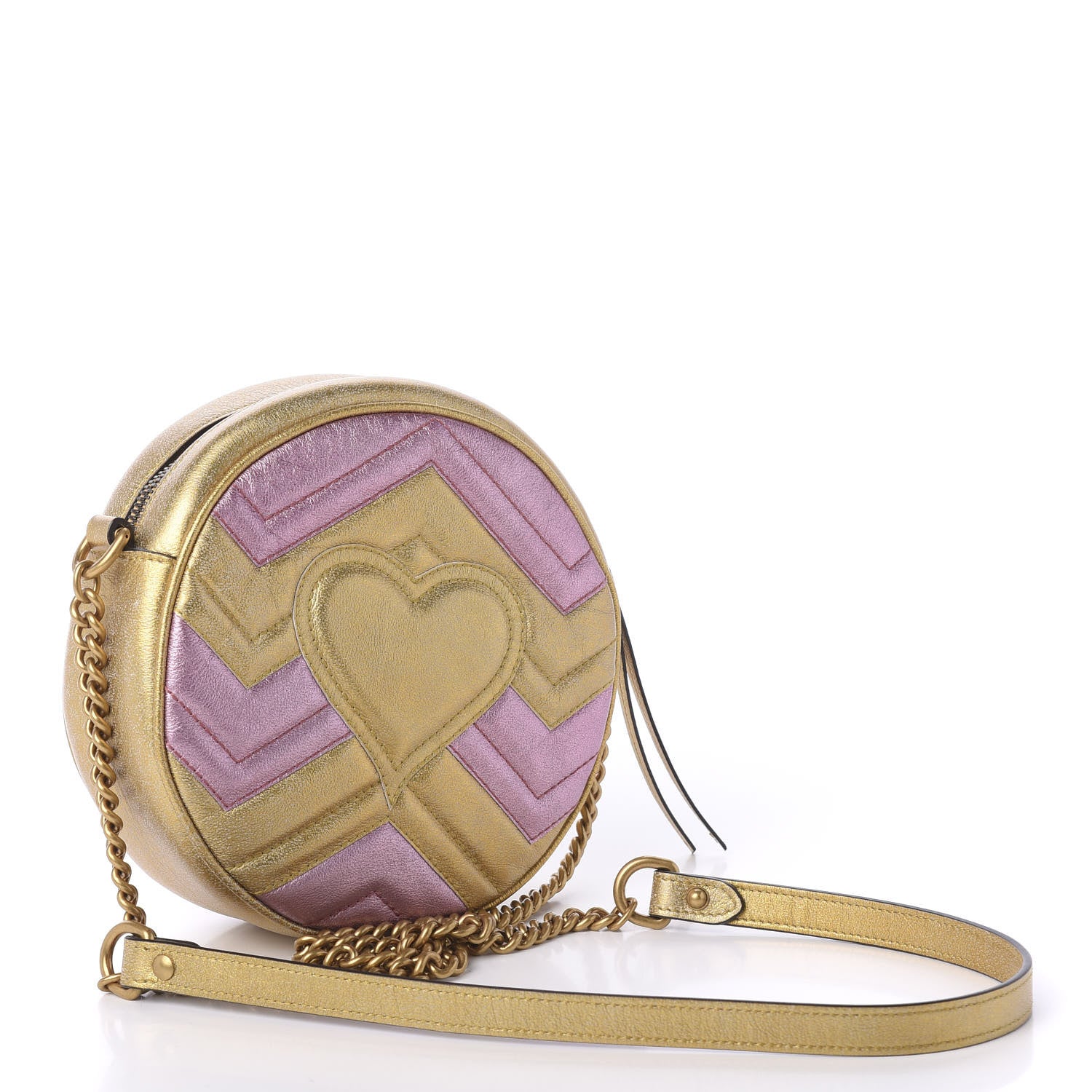Gucci Metallic Calfskin Matelasse Mini GG Marmont Round Shoulder Bag Gold Pink 3 of 11