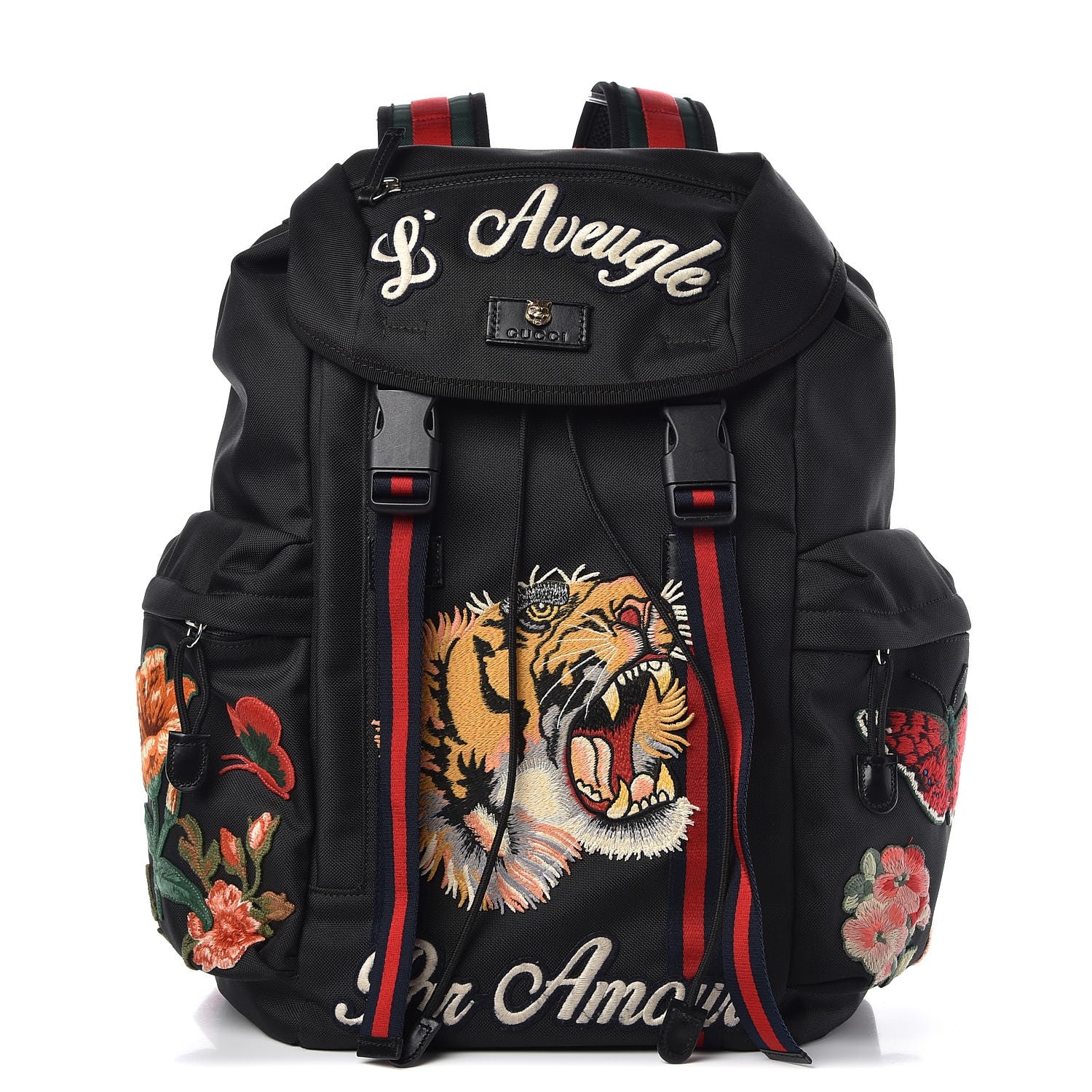 Gucci Techno Canvas Web L'Aveugle Par Amour Embroidered Double Buckle Backpack Black 1 of 8