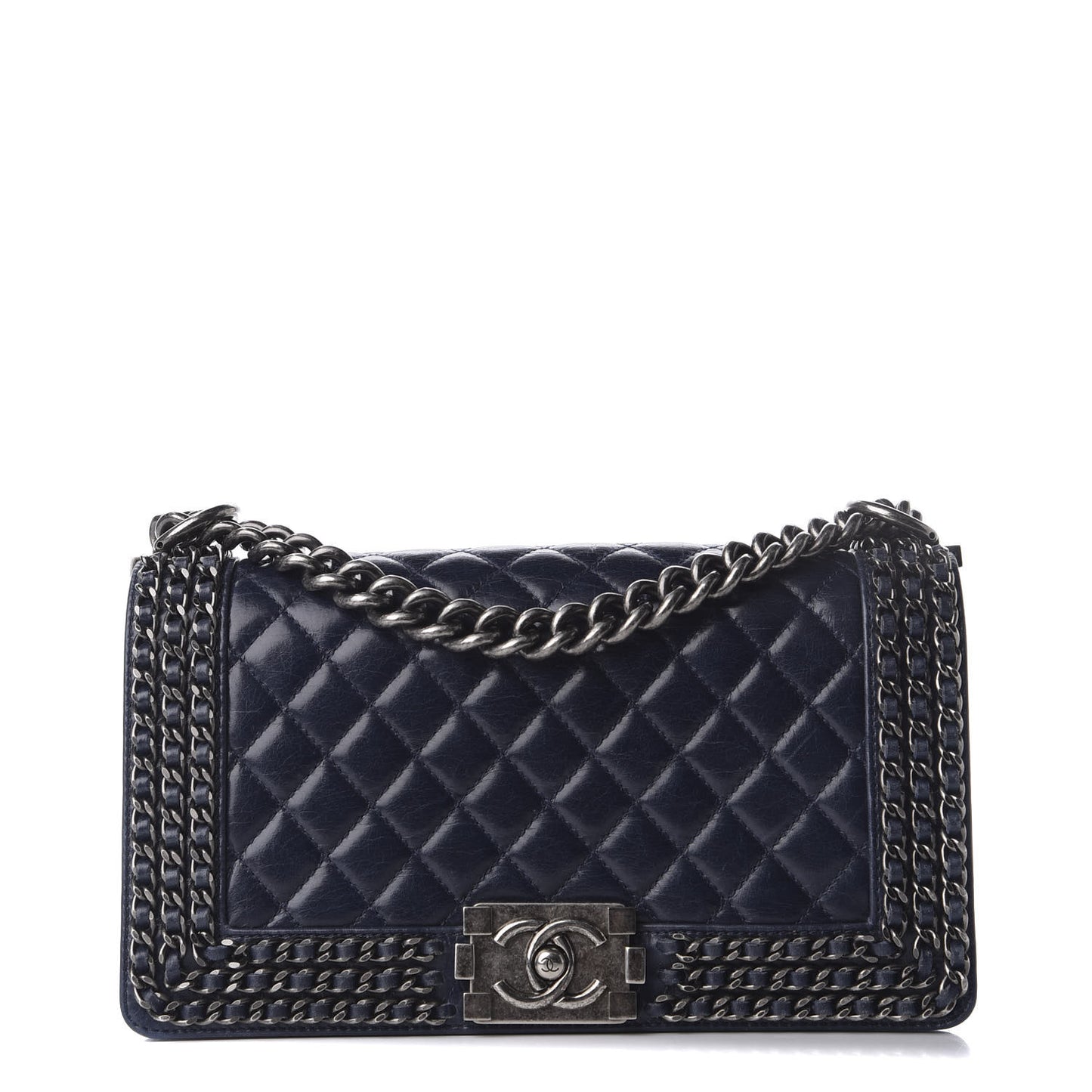 Glazed Calfskin Quilted Medium Boy Chained Flap Blue