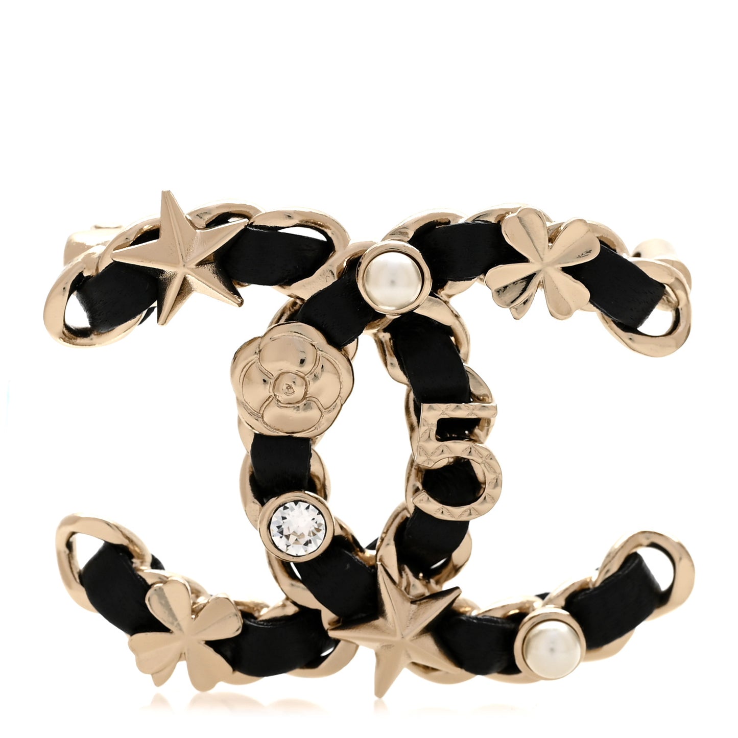 Lambskin Pearl Strass Sergeant Chanel Brooch Black Gold
