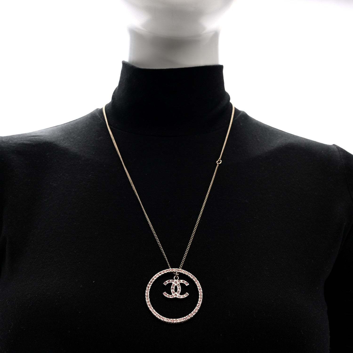 Chanel Crystal CC Long Pendant Necklace Gold Pink 2 of 3