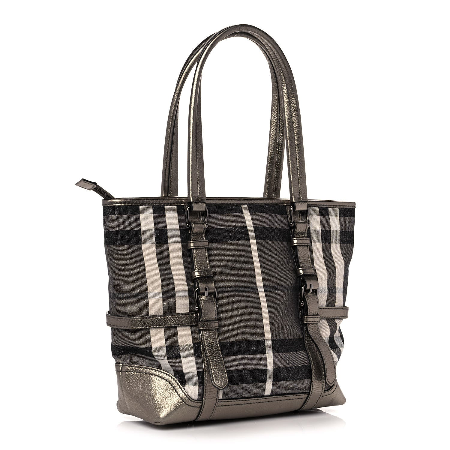 Burberry Metallic Calfskin House Check Tote Pewter 3 of 12
