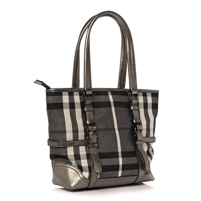 Burberry Metallic Calfskin House Check Tote Pewter 3 of 12