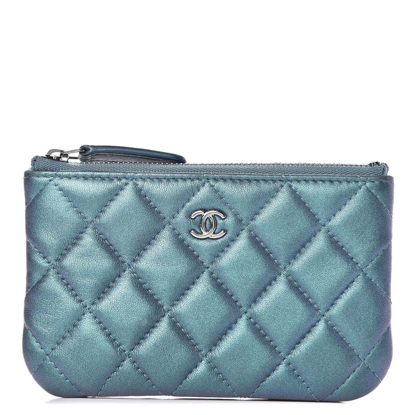 Iridescent Lambskin Quilted Small Cosmetic Case Turquoise
