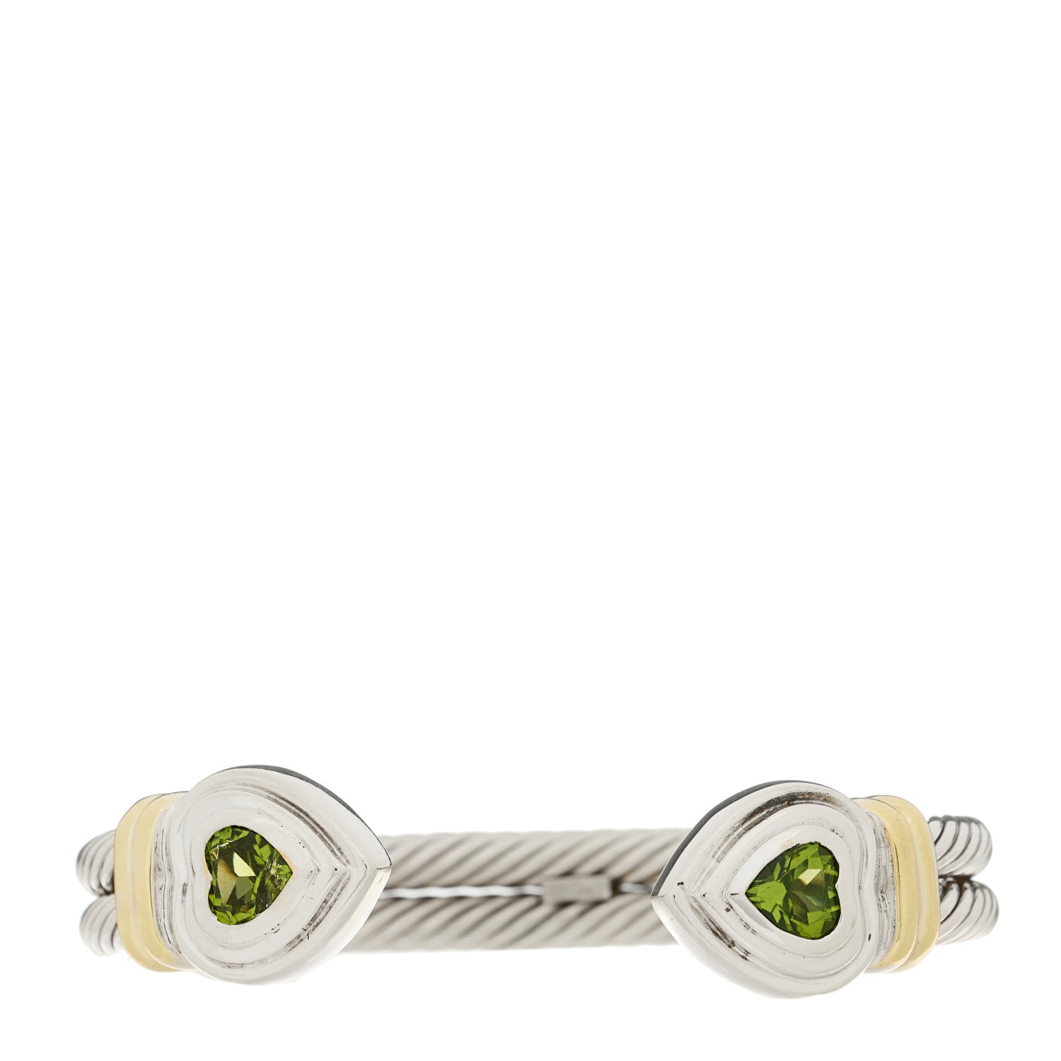David Yurman Sterling Silver 14K Yellow Gold Peridot Heart Double Cable Cuff Bracelet 1 of 4
