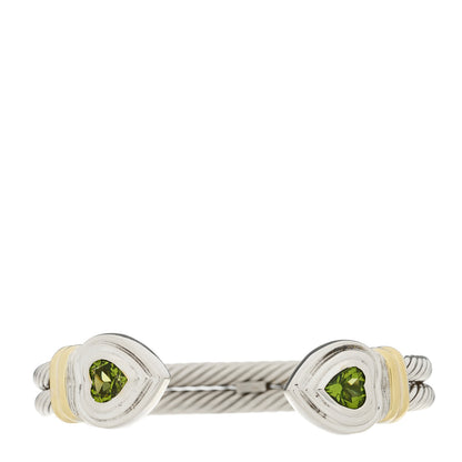David Yurman Sterling Silver 14K Yellow Gold Peridot Heart Double Cable Cuff Bracelet 1 of 4
