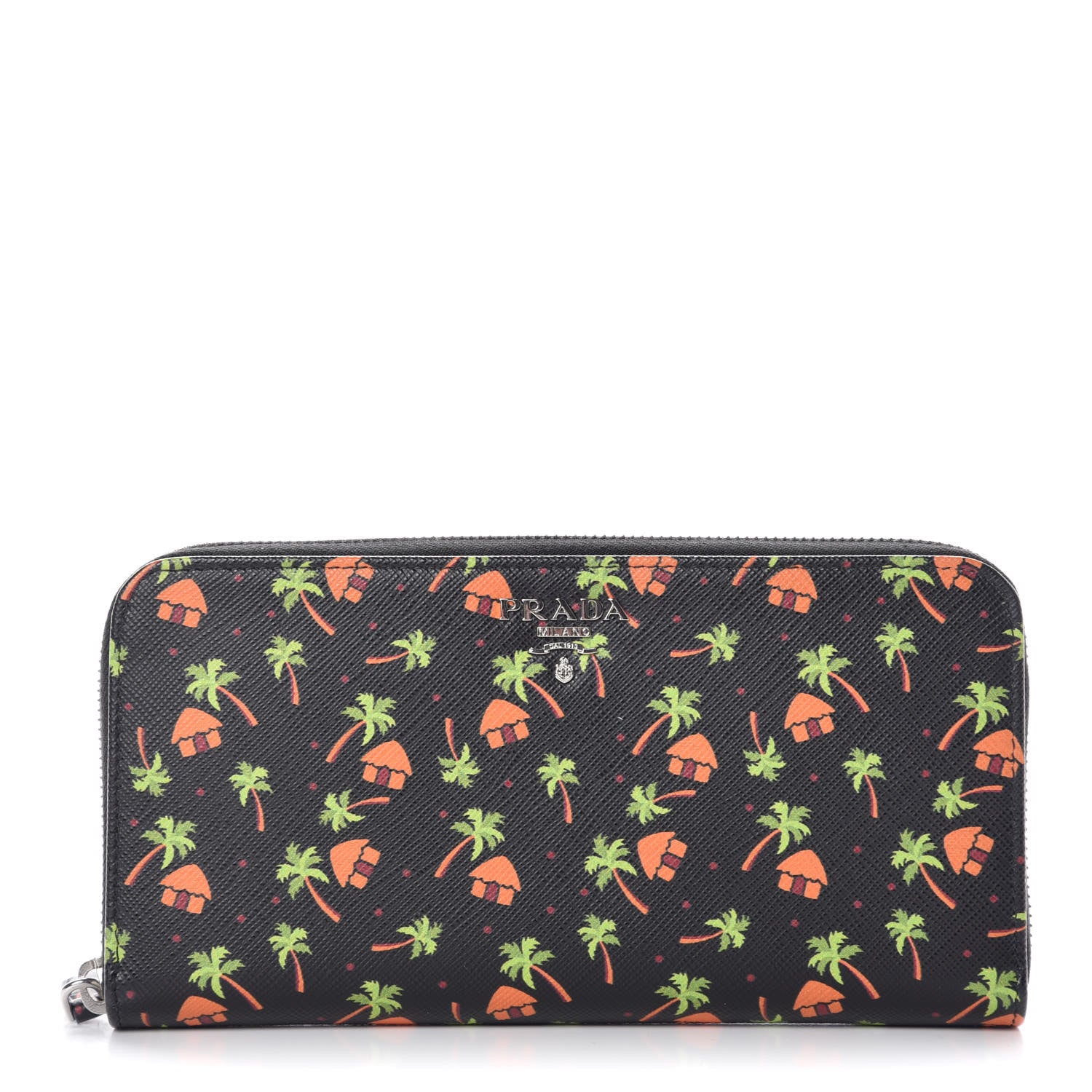 Prada Saffiano Palm Tree Print Zip Around Wallet Black 1 of 9