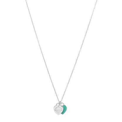 Tiffany Sterling Silver Enamel Return to Tiffany Double Mini Heart Tag Pendant Necklace Blue 1 of 5