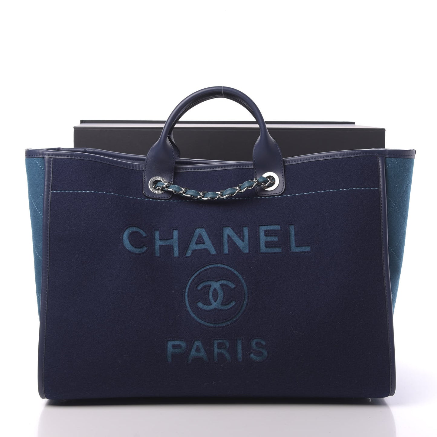 Wool Felt Calfskin Large Deauville Tote Dark Blue