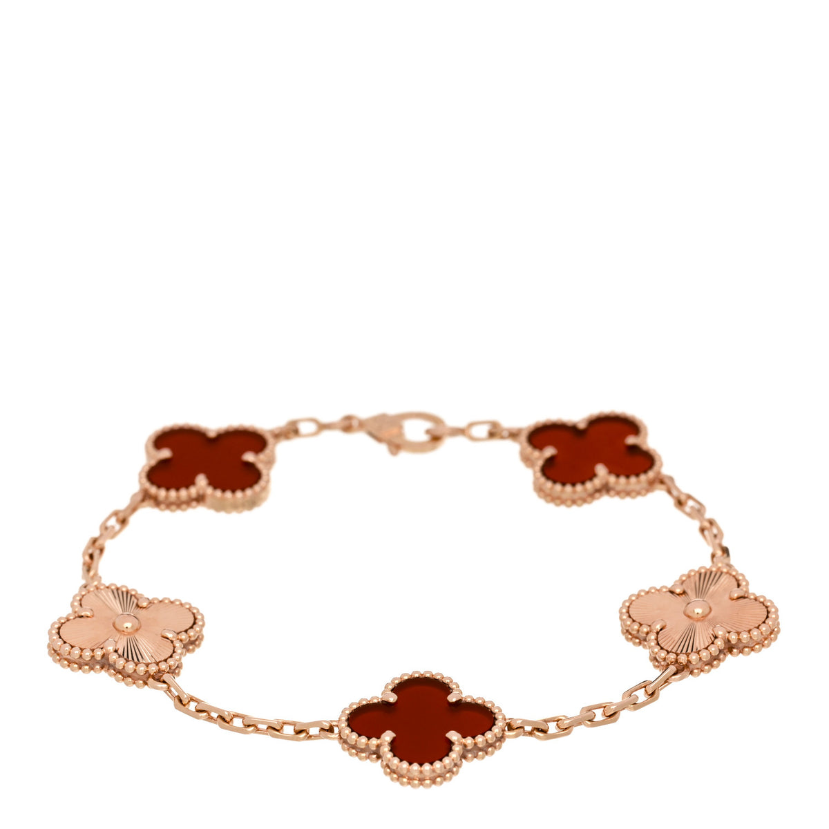 18K Rose Gold Carnelian 5 Motifs Guilloche Vintage Alhambra Bracelet