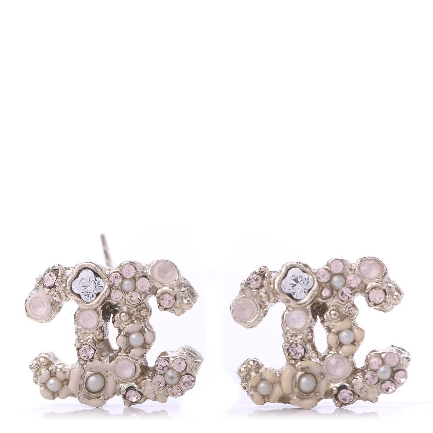 Chanel Enamel Crystal Flower CC Earrings Gold Pink 1 of 4