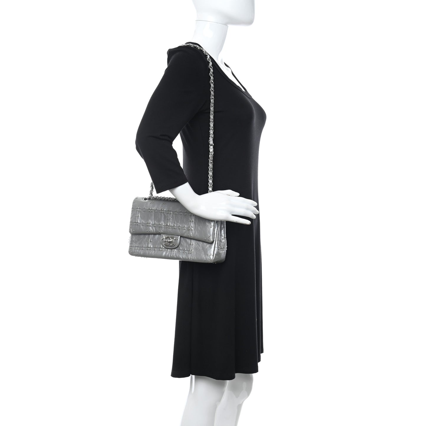 Glazed Calfskin Grommet Embellished Medium Airline Double Flap Silver