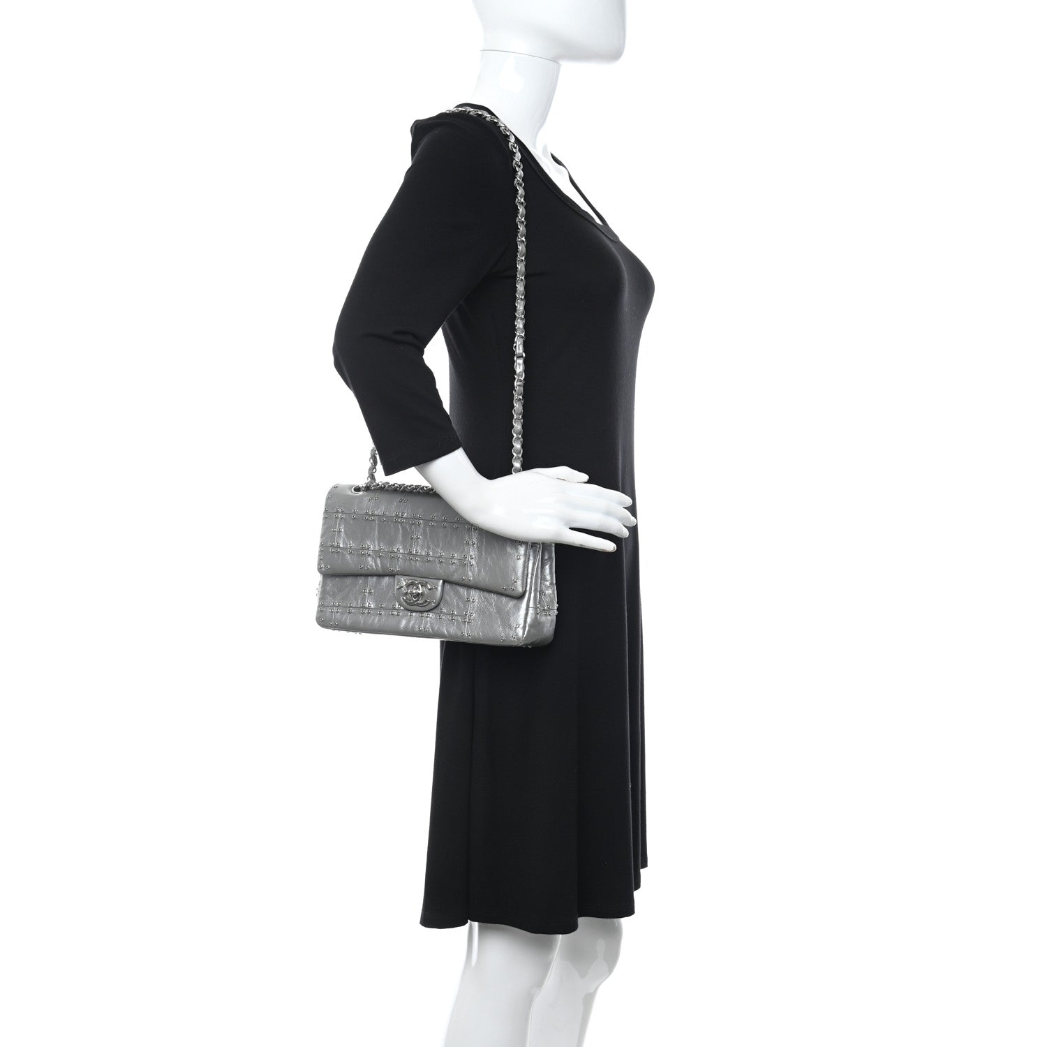 Chanel Glazed Calfskin Grommet Embellished Medium Airline Double Flap Silver 2 of 13