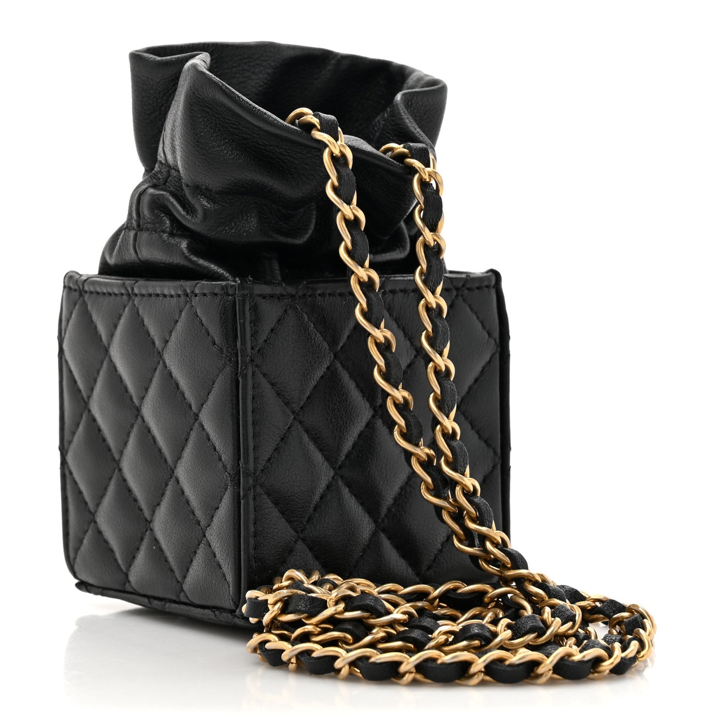 Calfskin Quilted Mini Drawstring Bucket Bag Black