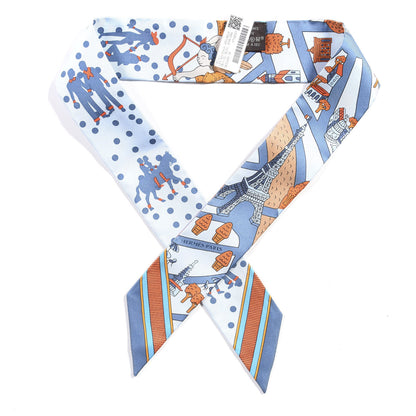 Hermes Silk Les Nouveaux Amoureux de Paris Twilly Ciel Blue Jean Orange 1 of 5