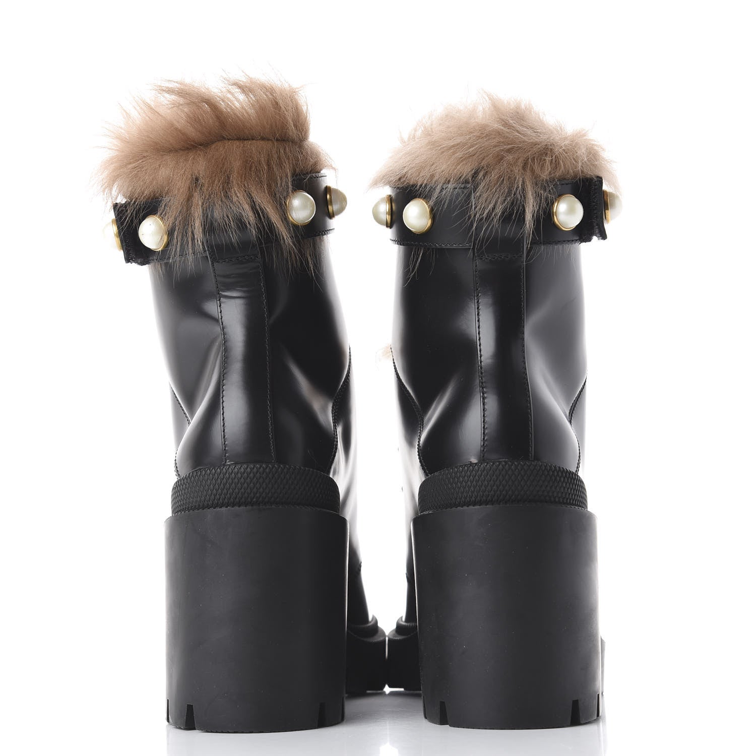 Gucci Magnum Calfskin Fur Pearl Lace Up Combat Ankle Boots 36 Black Naturale 5 of 8