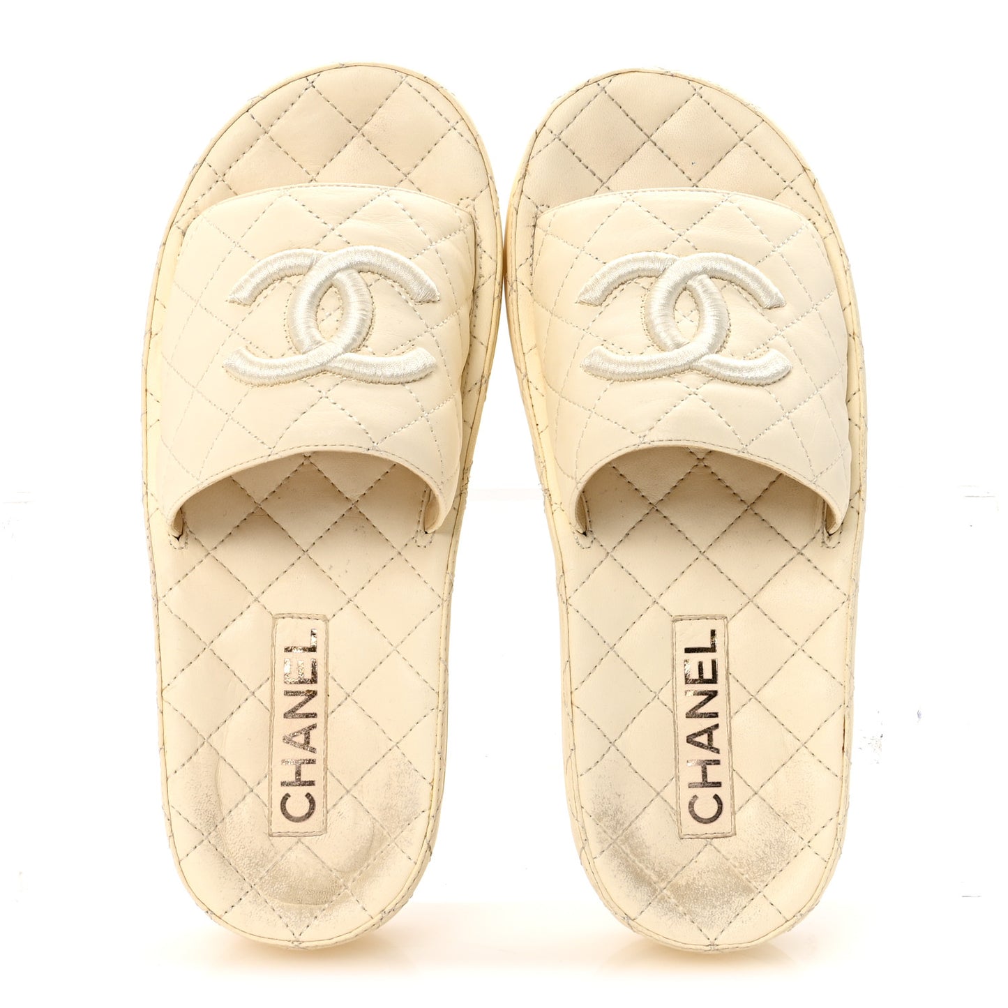 Lambskin Quilted CC Mules Sandals 38 Ivory