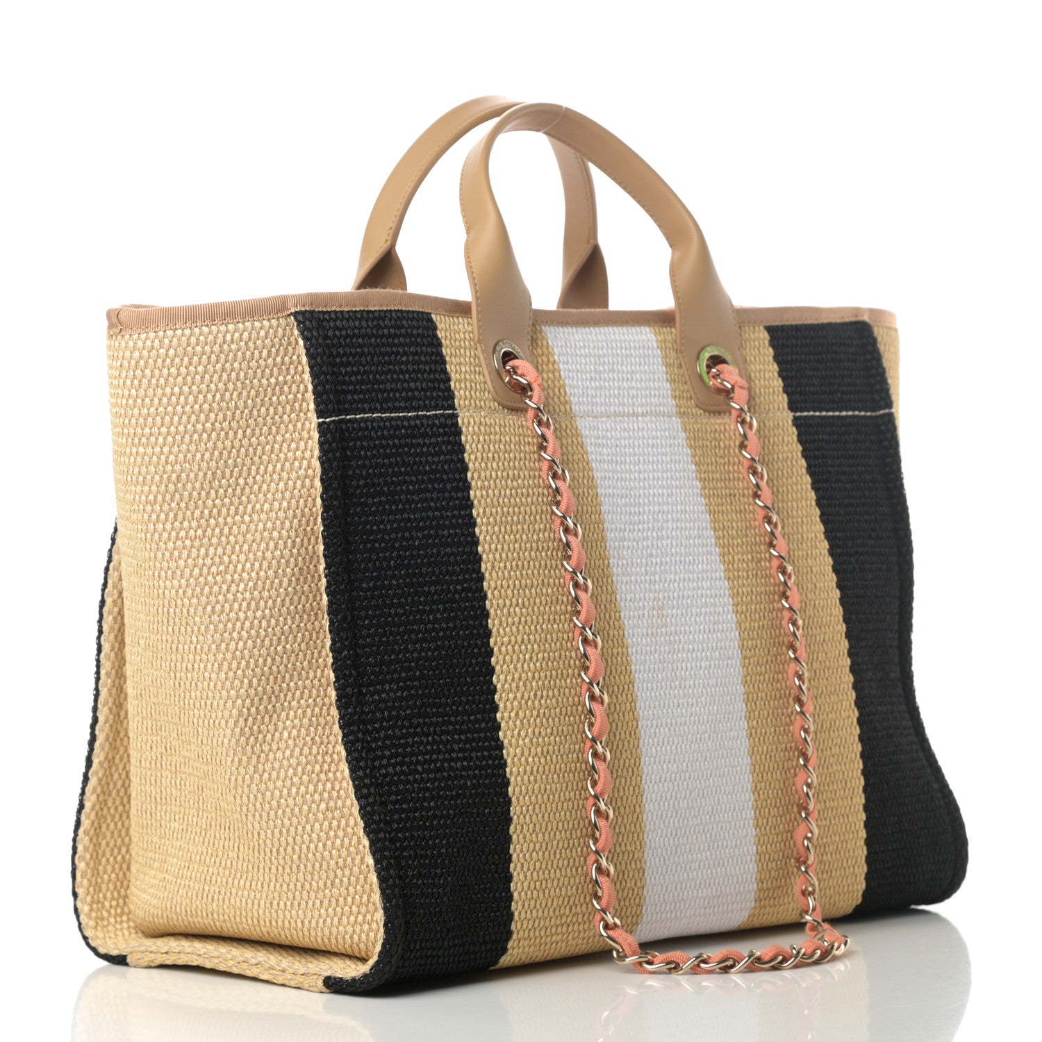 Chanel Straw Raffia Calfskin Striped Medium Deauville Tote Black Beige Ivory 3 of 12
