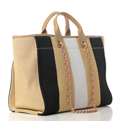 Chanel Straw Raffia Calfskin Striped Medium Deauville Tote Black Beige Ivory 3 of 12