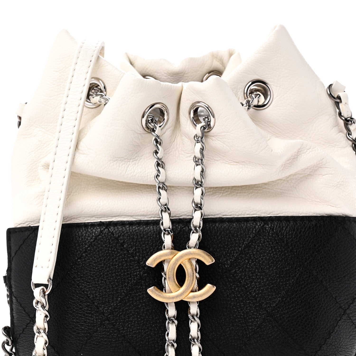 Chanel Aged Calfskin Quilted Small Gabrielle Bucket White Black 8 of 10